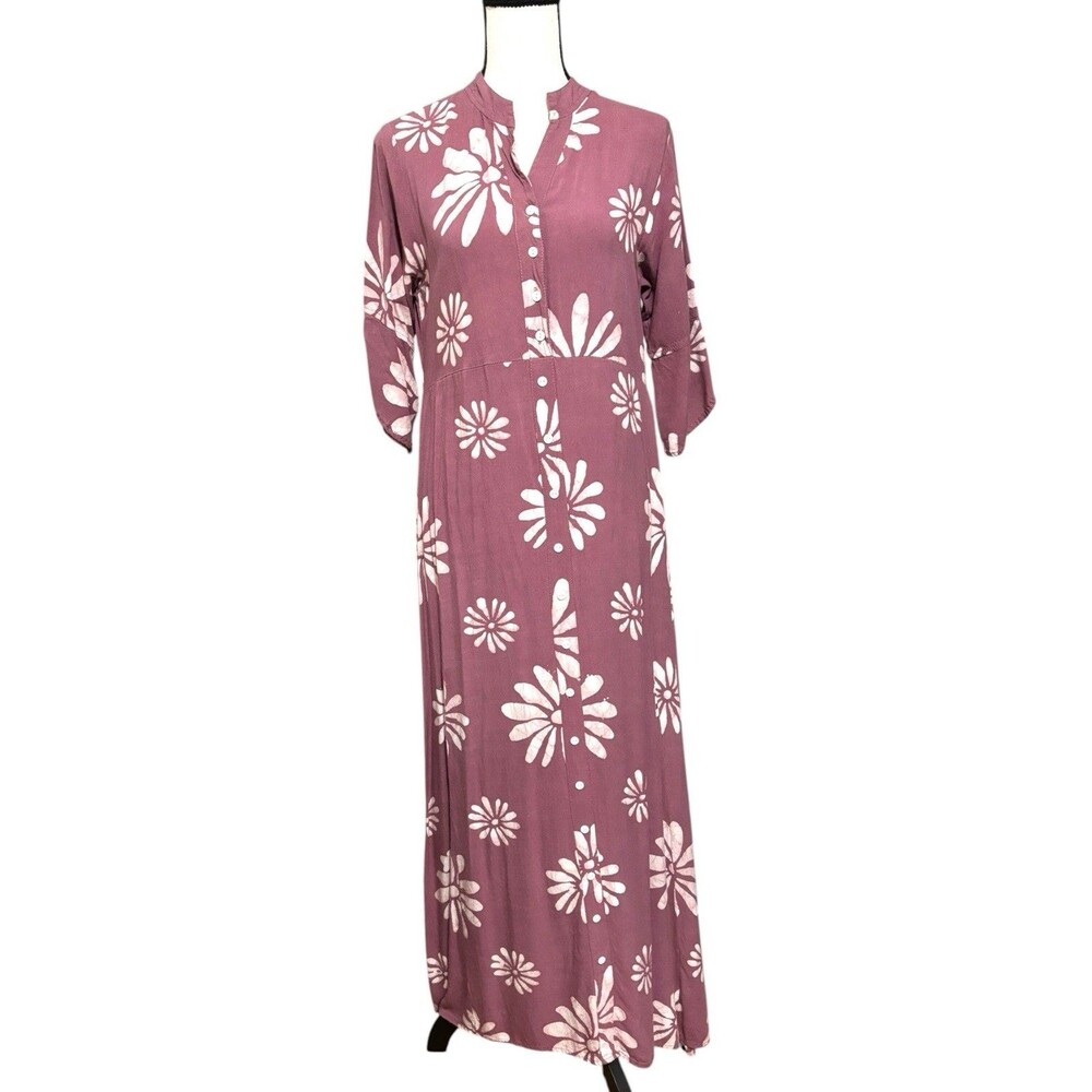 Mandi Mauve Maxi Dress Sz M White Floral Batik Print V-Neck